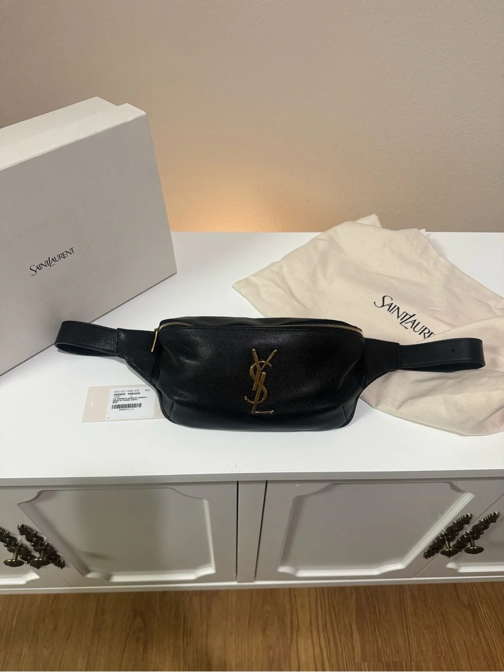 Saint Laurent YSL Cassandre Black Leather Belt Bag Full Set